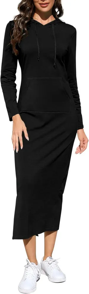 BeautyNee Women's Casual Long Sleeve Side Slit Pullover Maxi Hoodie Dress Slim Sweatshirt Long Dresses with Pockets