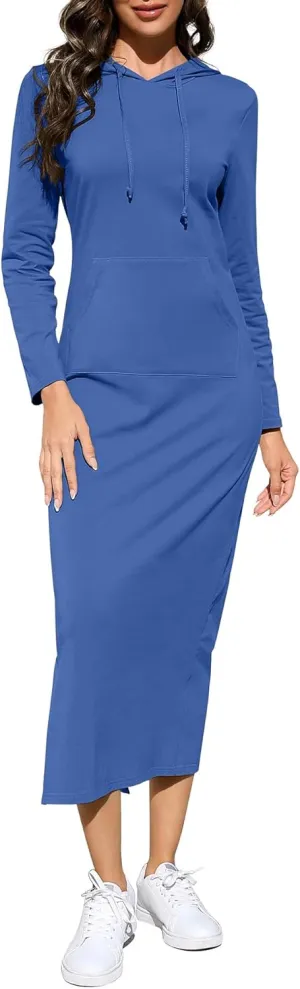 BeautyNee Women's Casual Long Sleeve Side Slit Pullover Maxi Hoodie Dress Slim Sweatshirt Long Dresses with Pockets