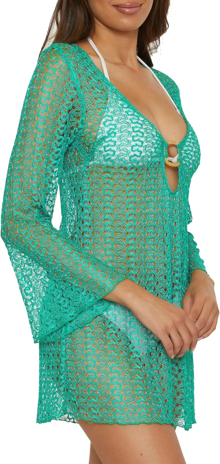 BECCA Golden Crochet Tunic, Casual, Pull On, Sheer, Beach Cover Ups for Women