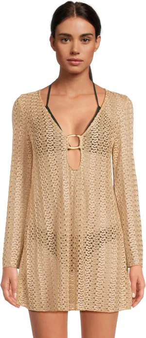 BECCA Women's Standard Golden Crochet Tunic, Casual, Pull On, Sheer, Beach Cover Ups, Gold