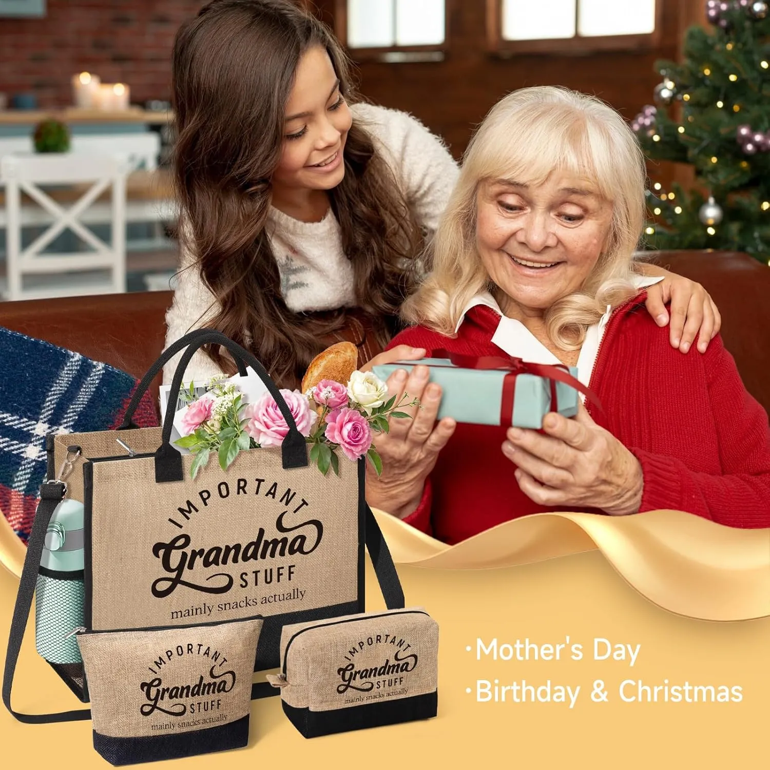 Best Grandma Gifts, Personalized Tote Bag Beach Bag from Grandkids Granddaughter Grandson, Important Grandma Stuff Bag Mothers Day Birthday Christmas Thank You Gifts