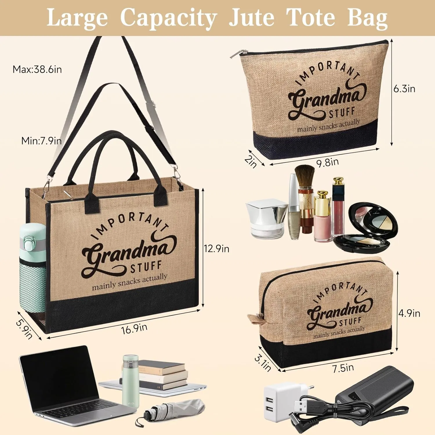 Best Grandma Gifts, Personalized Tote Bag Beach Bag from Grandkids Granddaughter Grandson, Important Grandma Stuff Bag Mothers Day Birthday Christmas Thank You Gifts