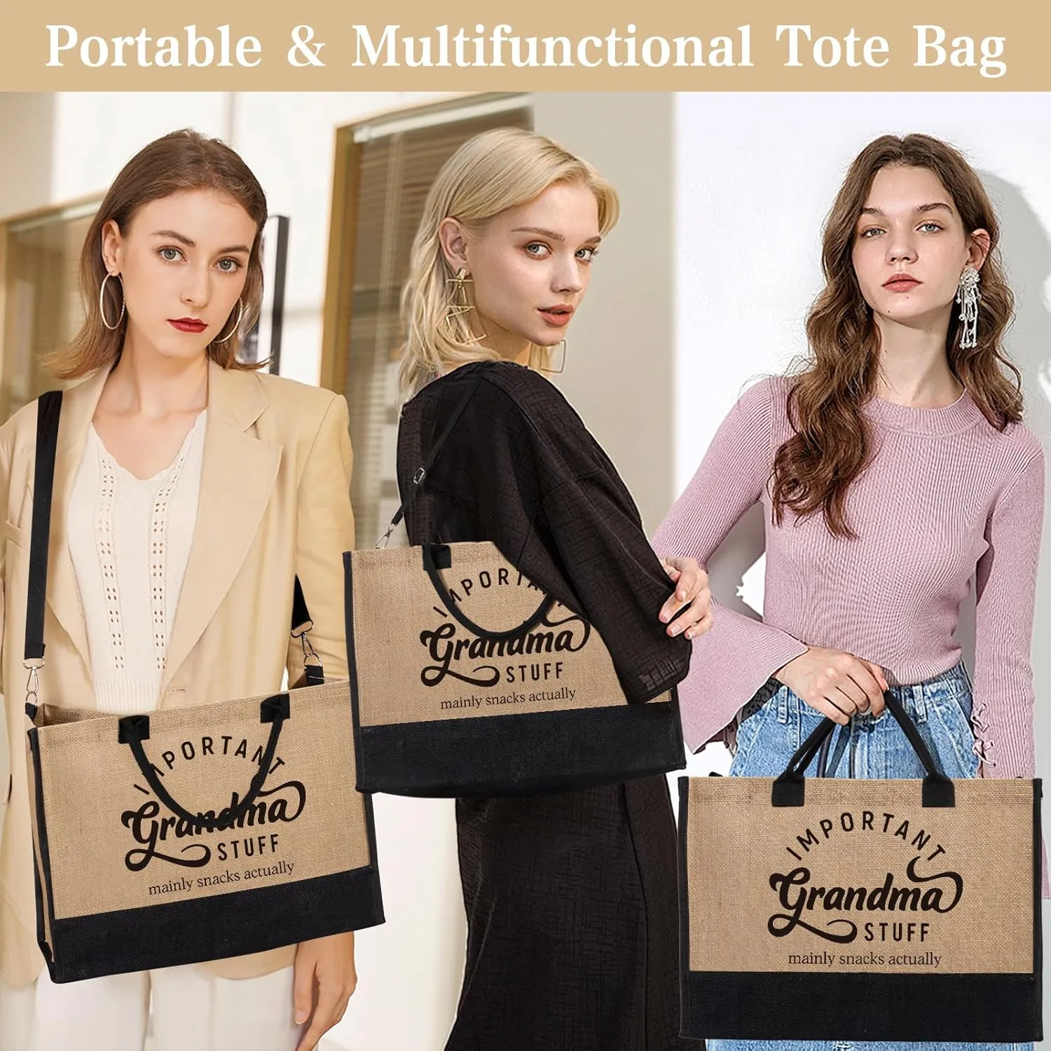 Best Grandma Gifts, Personalized Tote Bag Beach Bag from Grandkids Granddaughter Grandson, Important Grandma Stuff Bag Mothers Day Birthday Christmas Thank You Gifts