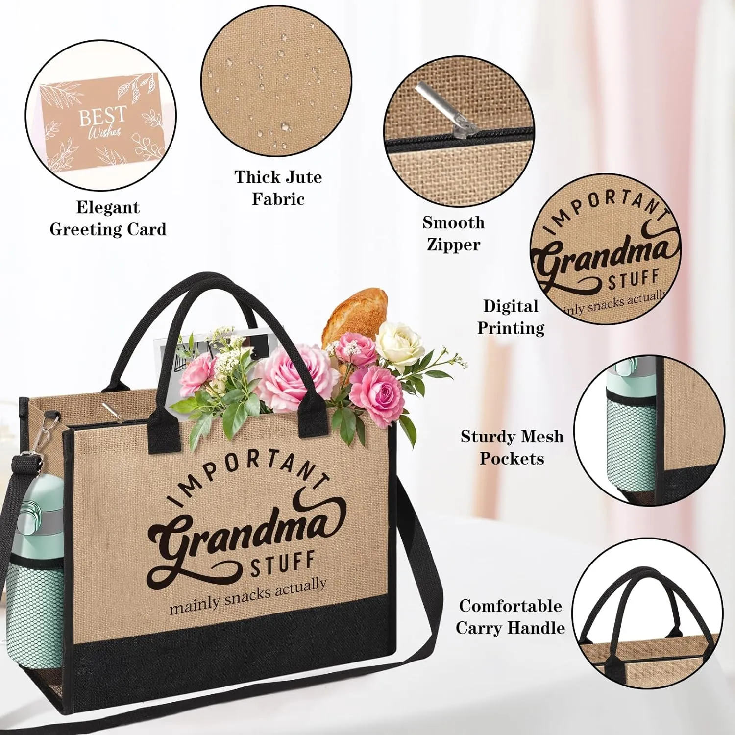 Best Grandma Gifts, Personalized Tote Bag Beach Bag from Grandkids Granddaughter Grandson, Important Grandma Stuff Bag Mothers Day Birthday Christmas Thank You Gifts