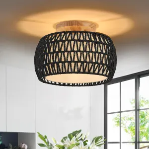 Black Boho Rattan Flush Mount Ceiling Lights 12 Inch Farmhouse Ceiling Light Fixtures Rustic Wicker Hand Woven Rope Cage for Dining Room Kitchen Bedroom Foyer Hallway Entryway