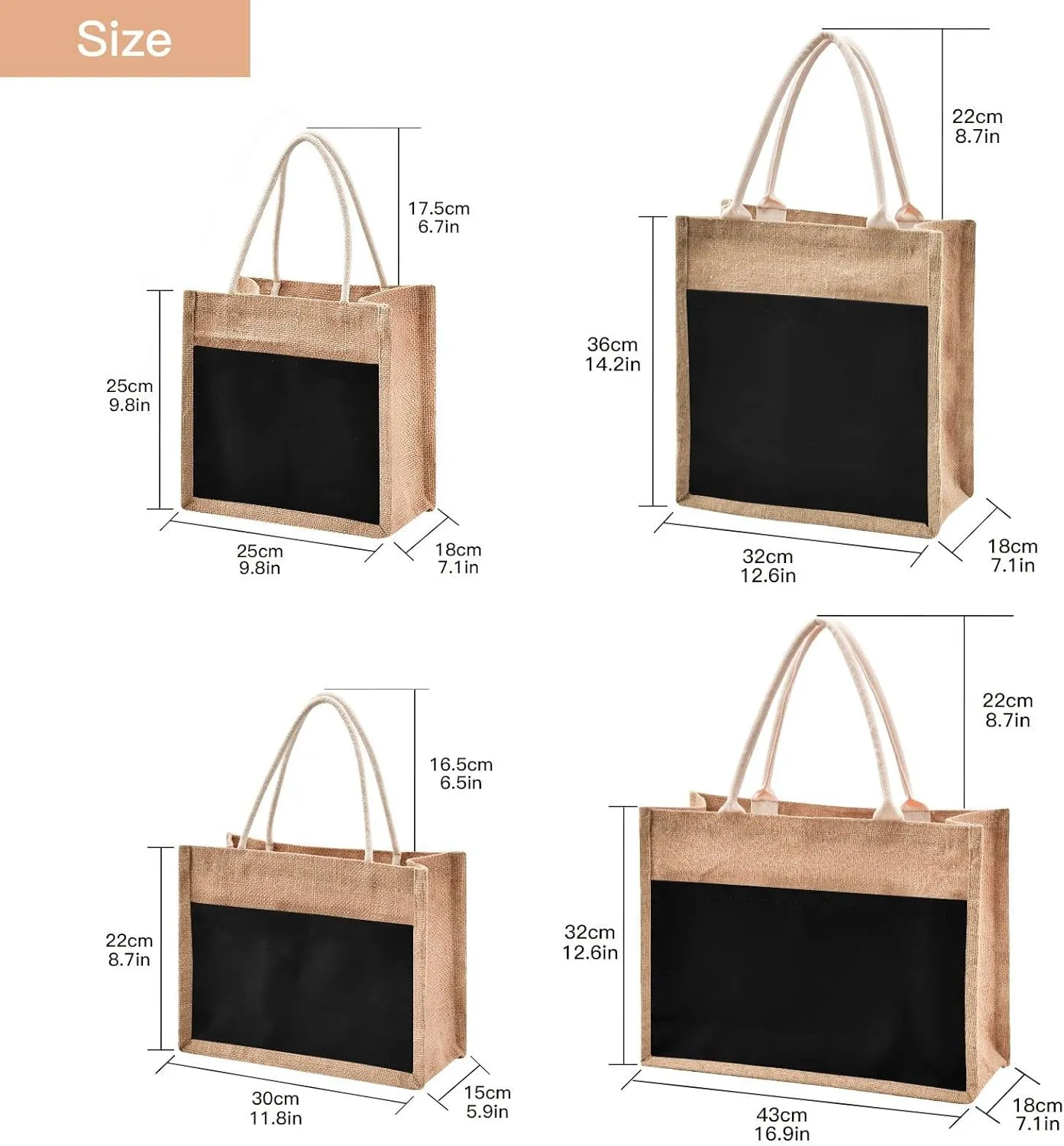 Black Jute Tote Bag Reusable Grocery Shopping Bag Burlap Beach Bag Market Bags With Handle for Wedding Party Gift DIY 16.9 x 12.6 x 7.1 inch