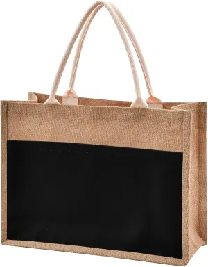 Black Jute Tote Bag Reusable Grocery Shopping Bag Burlap Beach Bag Market Bags With Handle for Wedding Party Gift DIY 16.9 x 12.6 x 7.1 inch