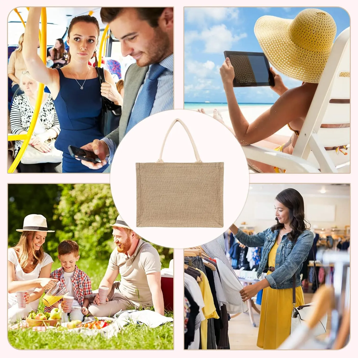 Black Jute Tote Bag Reusable Grocery Shopping Bag Burlap Beach Bag Market Bags With Handle for Wedding Party Gift DIY 16.9 x 12.6 x 7.1 inch