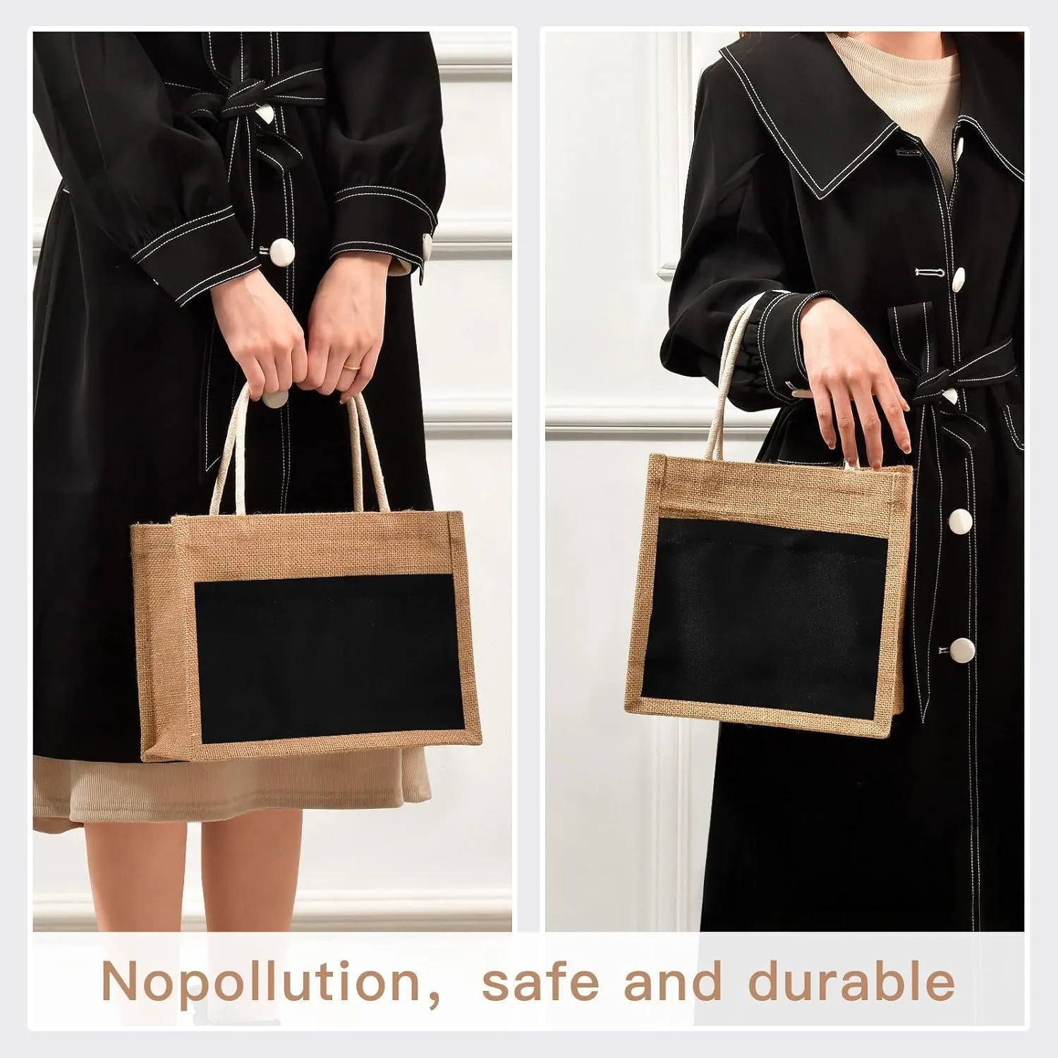 Black Jute Tote Bag Reusable Grocery Shopping Bag Burlap Beach Bag Market Bags With Handle for Wedding Party Gift DIY 16.9 x 12.6 x 7.1 inch