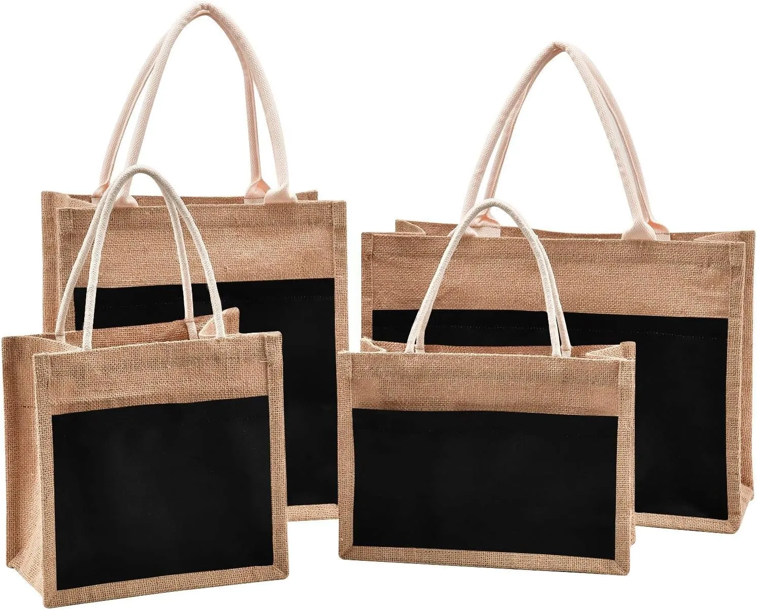Black Jute Tote Bag Reusable Grocery Shopping Bag Burlap Beach Bag Market Bags With Handle for Wedding Party Gift DIY 16.9 x 12.6 x 7.1 inch