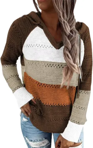 BLENCOT Women Color Block Hooded Crochet Striped Sweaters Lightweight Drawstring Hoodies Pullover Trendy Sweatshirts