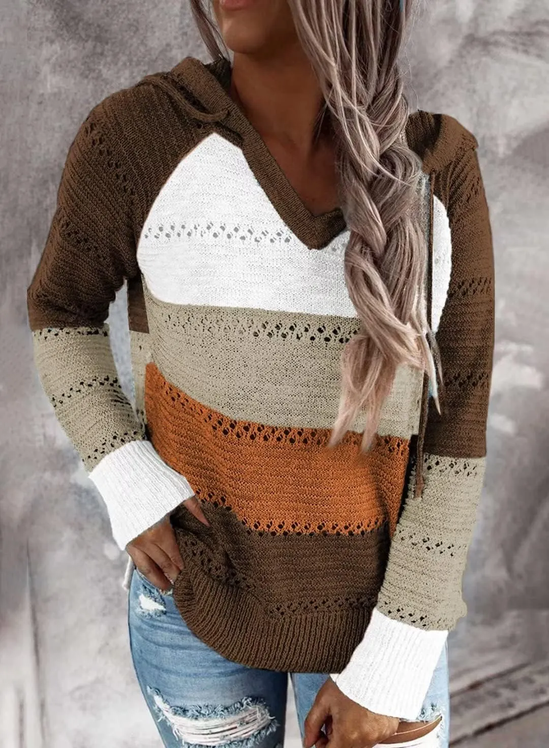 BLENCOT Women Color Block Hooded Crochet Striped Sweaters Lightweight Drawstring Hoodies Pullover Trendy Sweatshirts
