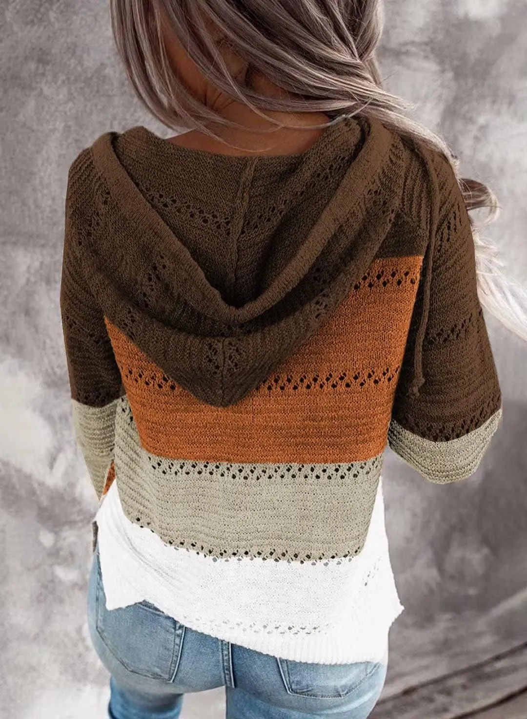 BLENCOT Women Color Block Hooded Crochet Striped Sweaters Lightweight Drawstring Hoodies Pullover Trendy Sweatshirts