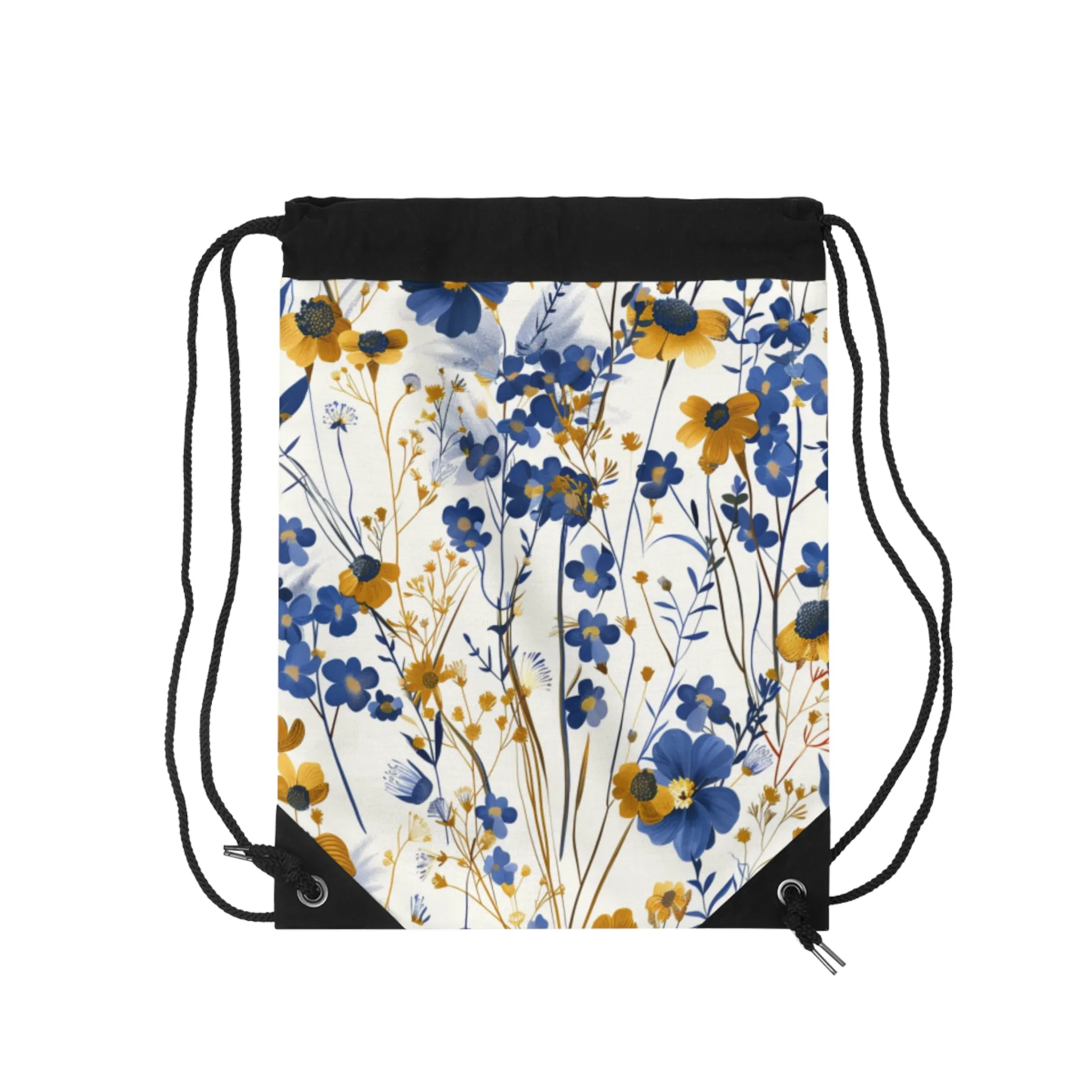 Blue & Gold Flowers Drawstring Bag
