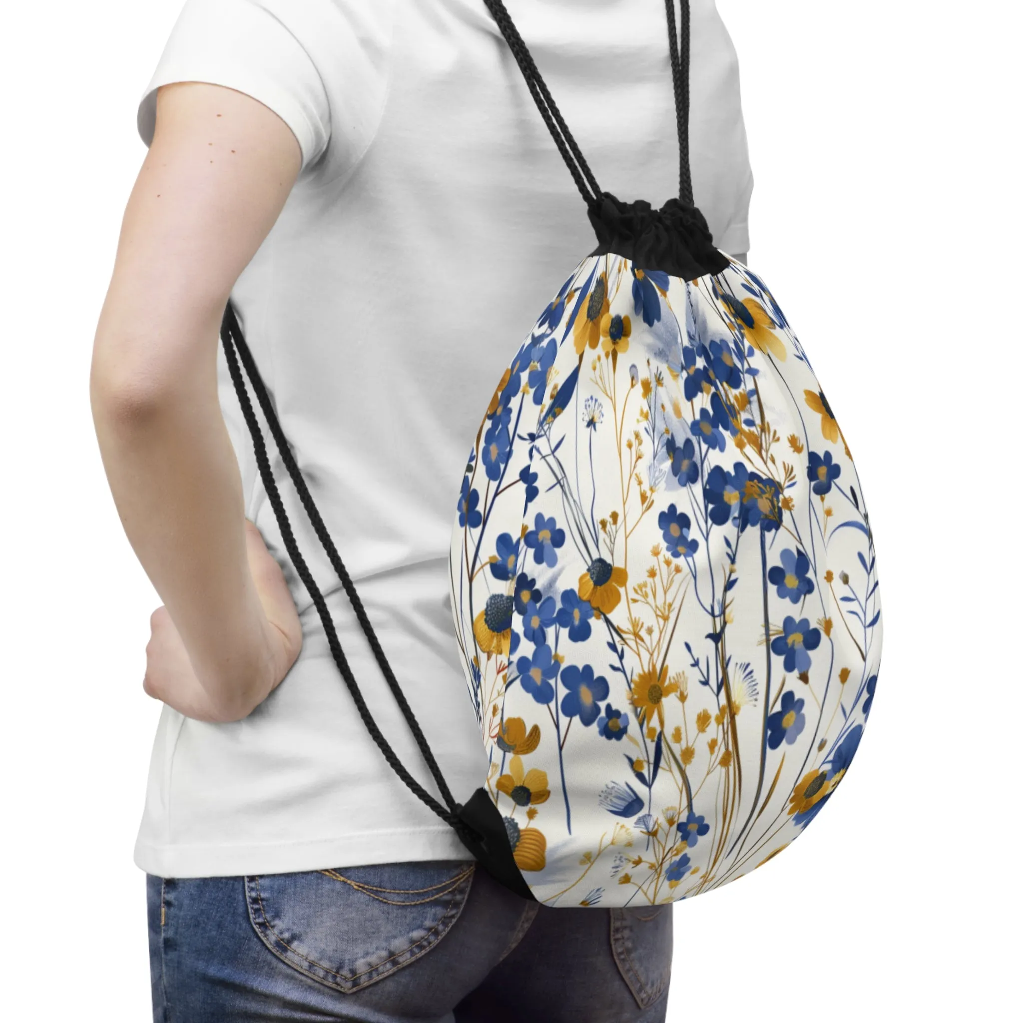 Blue & Gold Flowers Drawstring Bag