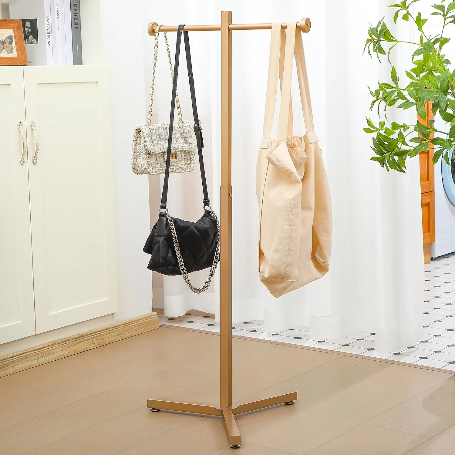 Blulu Heavy Duty Adjustable Shopping Bag Rack Metal Rack for Retail Store Chrome Handbag Display Stand for Trade Show Boutique Small Business, 45 Inch(1 Pcs,Gold)