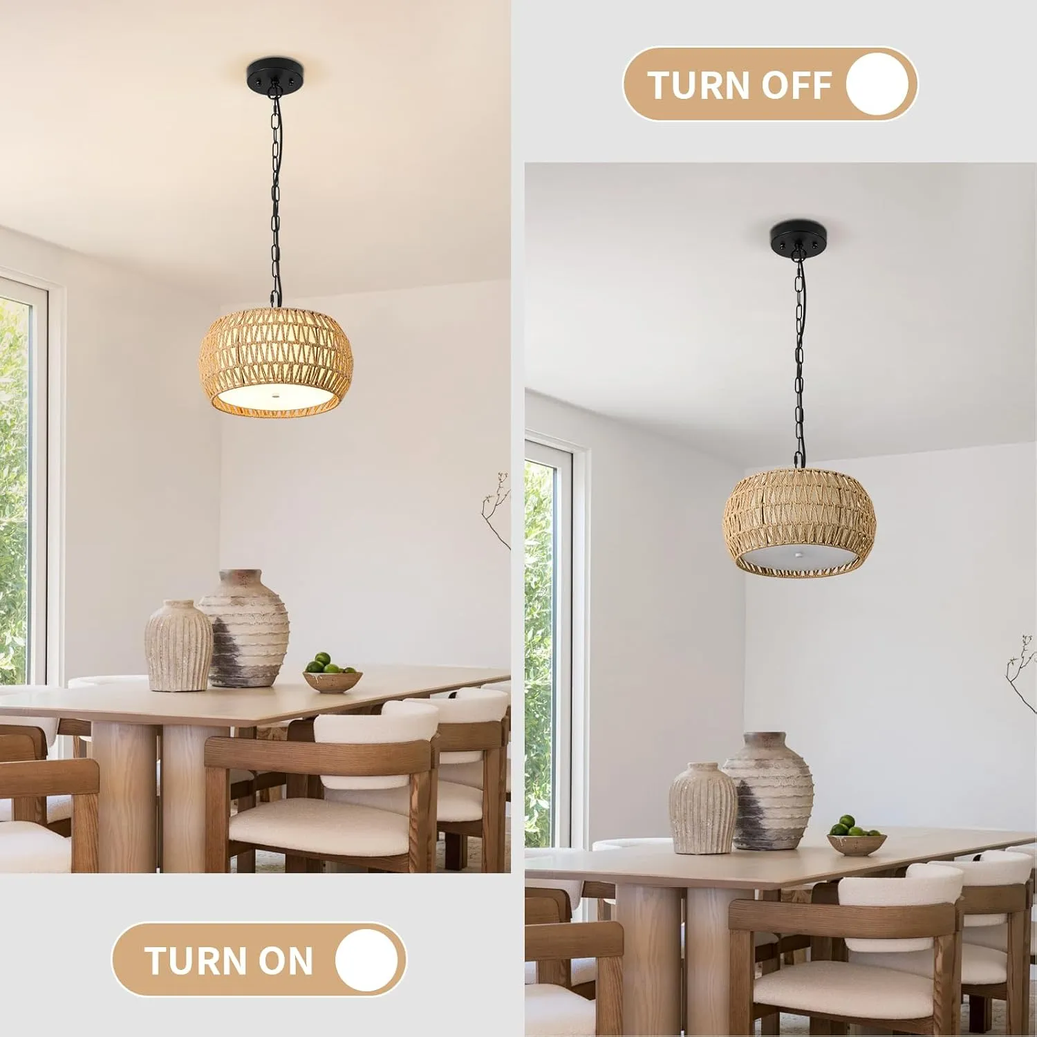 Boho Chandeliers for Dining Room 3-Lights Farmhouse Light Fixtures Small Chandelier Hand Woven Dining Table Light Fixture Rattan Hanging Lamp for Kitchen Island
