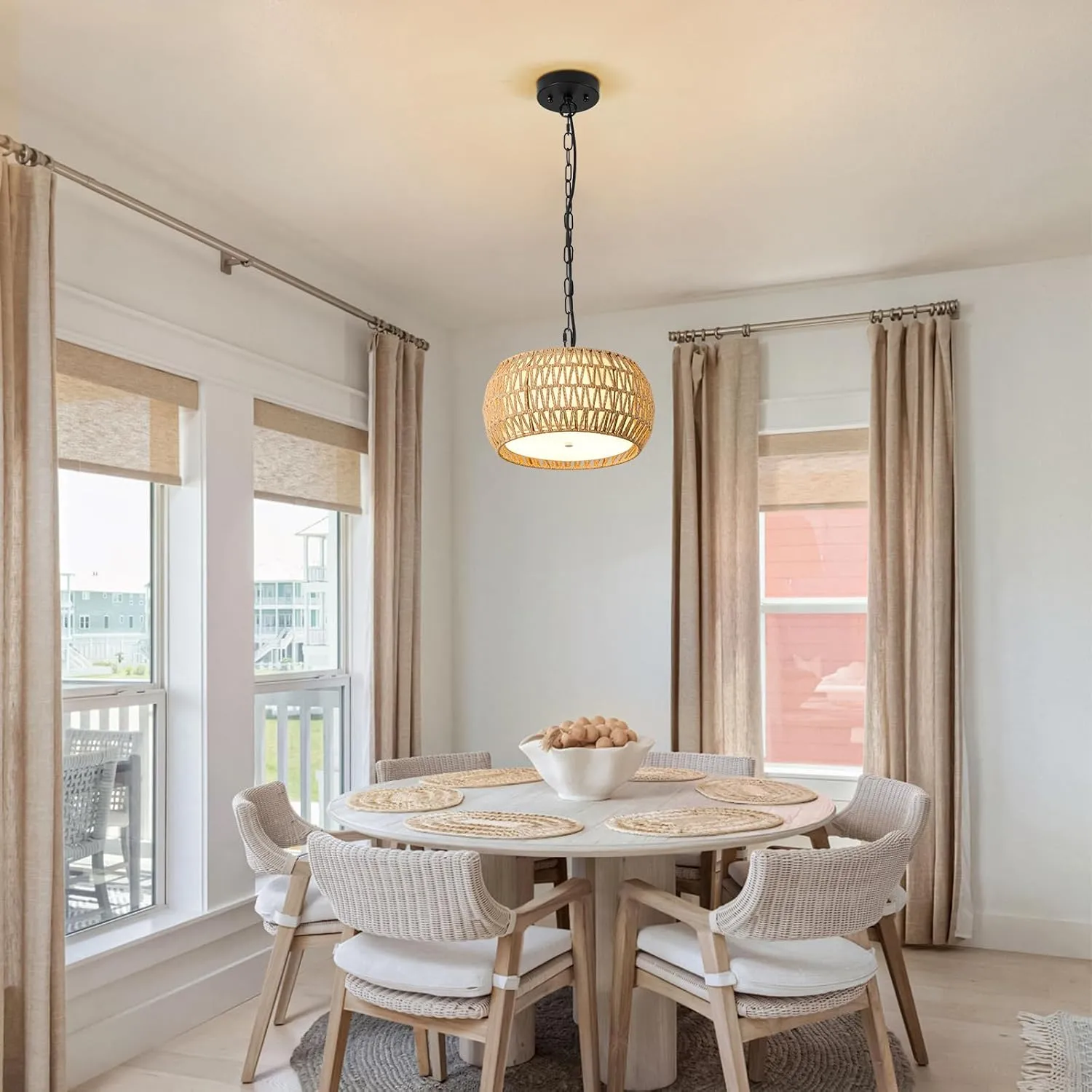Boho Chandeliers for Dining Room 3-Lights Farmhouse Light Fixtures Small Chandelier Hand Woven Dining Table Light Fixture Rattan Hanging Lamp for Kitchen Island