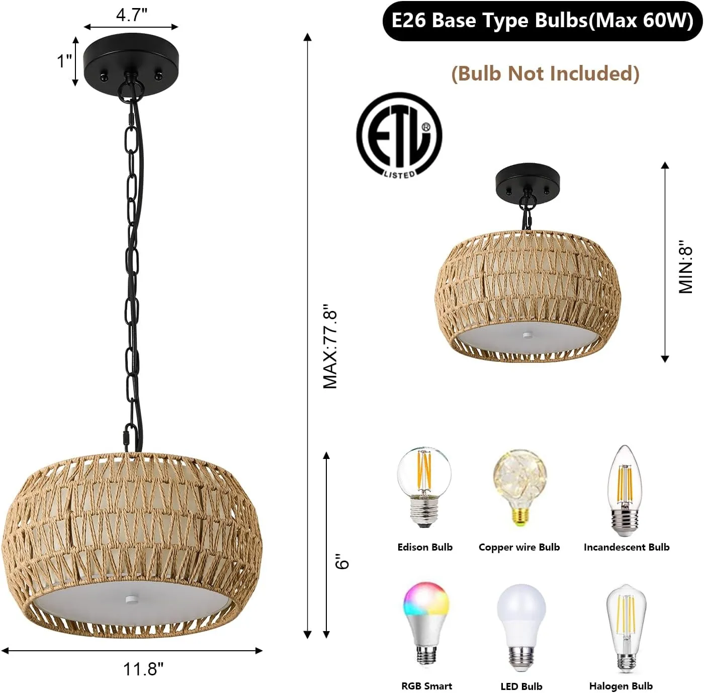Boho Chandeliers for Dining Room 3-Lights Farmhouse Light Fixtures Small Chandelier Hand Woven Dining Table Light Fixture Rattan Hanging Lamp for Kitchen Island