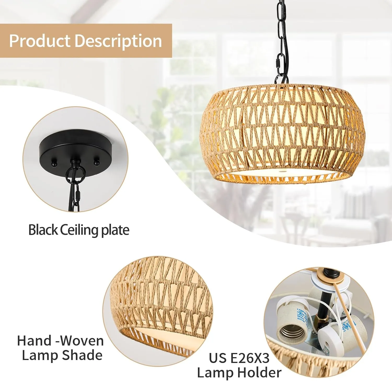 Boho Chandeliers for Dining Room 3-Lights Farmhouse Light Fixtures Small Chandelier Hand Woven Dining Table Light Fixture Rattan Hanging Lamp for Kitchen Island