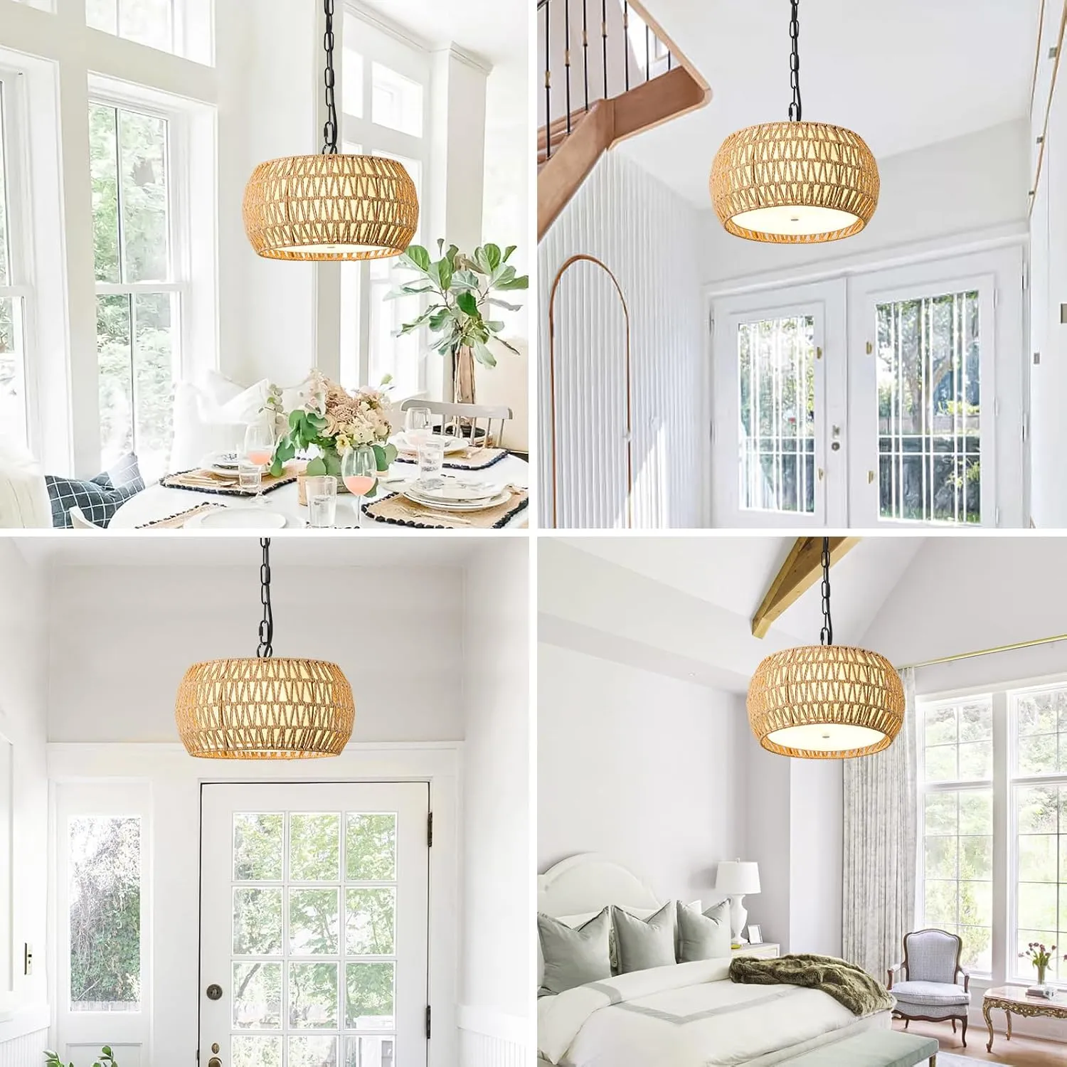 Boho Chandeliers for Dining Room 3-Lights Farmhouse Light Fixtures Small Chandelier Hand Woven Dining Table Light Fixture Rattan Hanging Lamp for Kitchen Island