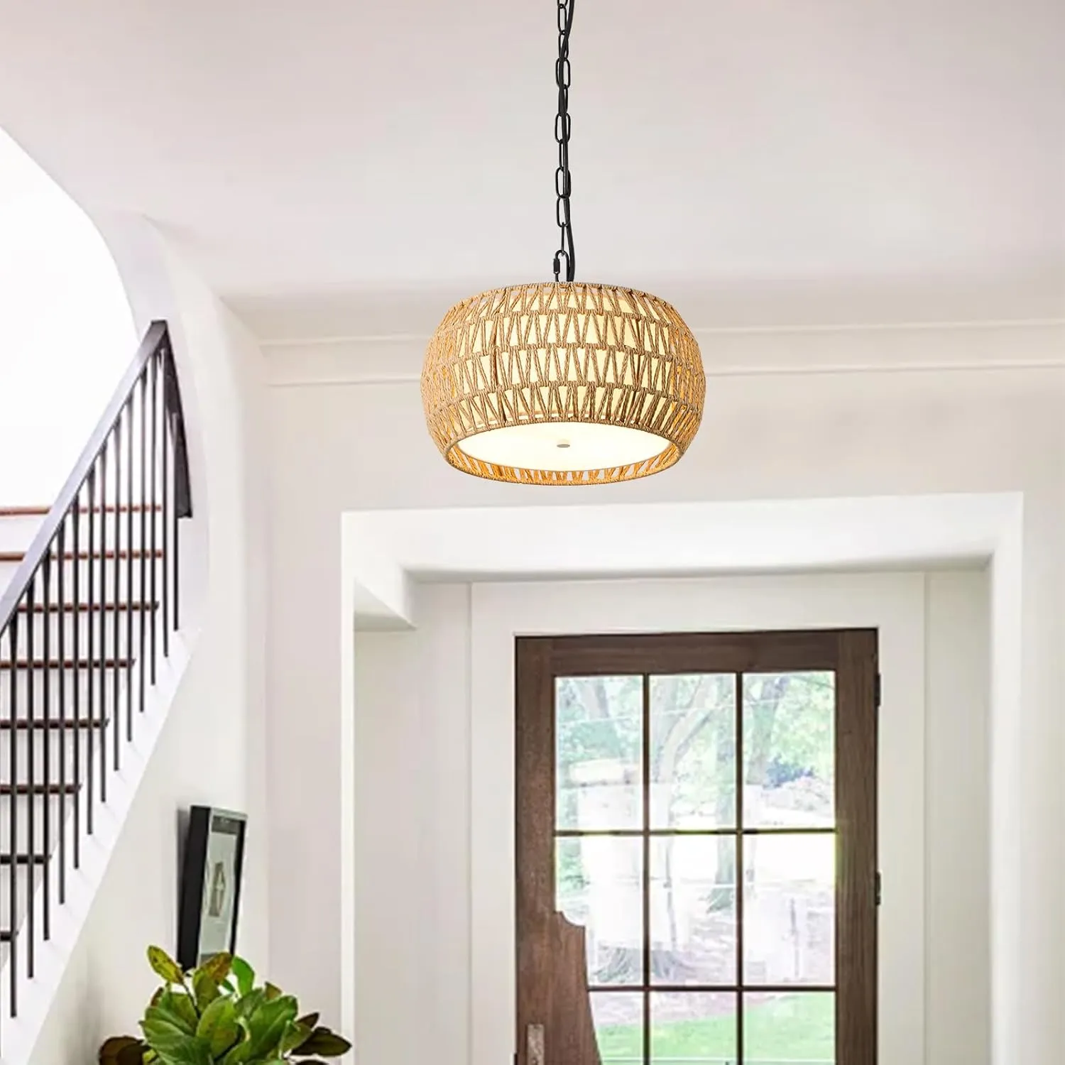 Boho Chandeliers for Dining Room 3-Lights Farmhouse Light Fixtures Small Chandelier Hand Woven Dining Table Light Fixture Rattan Hanging Lamp for Kitchen Island