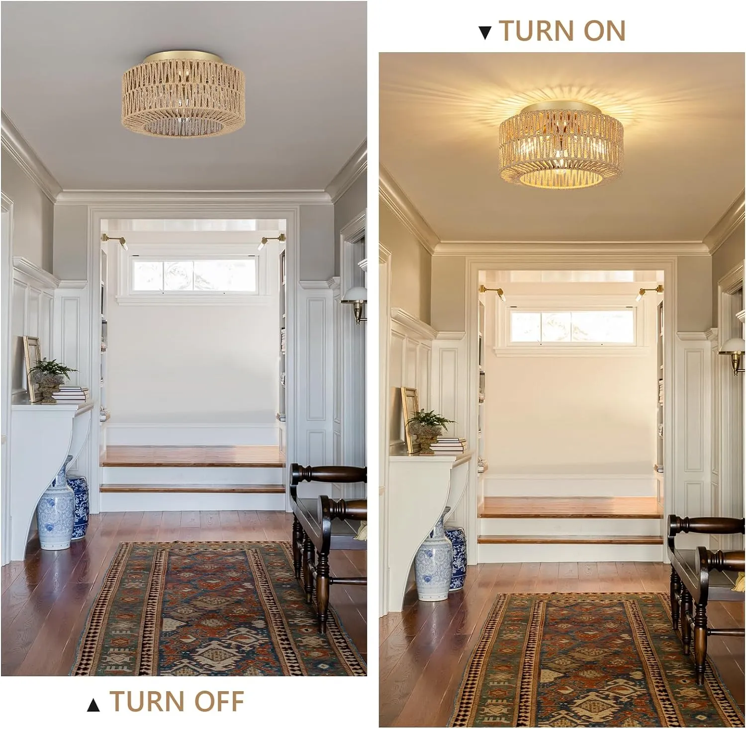 Boho Light Fixtures, 3-Light Farmhouse Rattan Ceiling Light, Flush Mount with Hand-Woven Shade, Modern Chandelier for Living, Bedroom, Entryway, Kitchen, Nursery