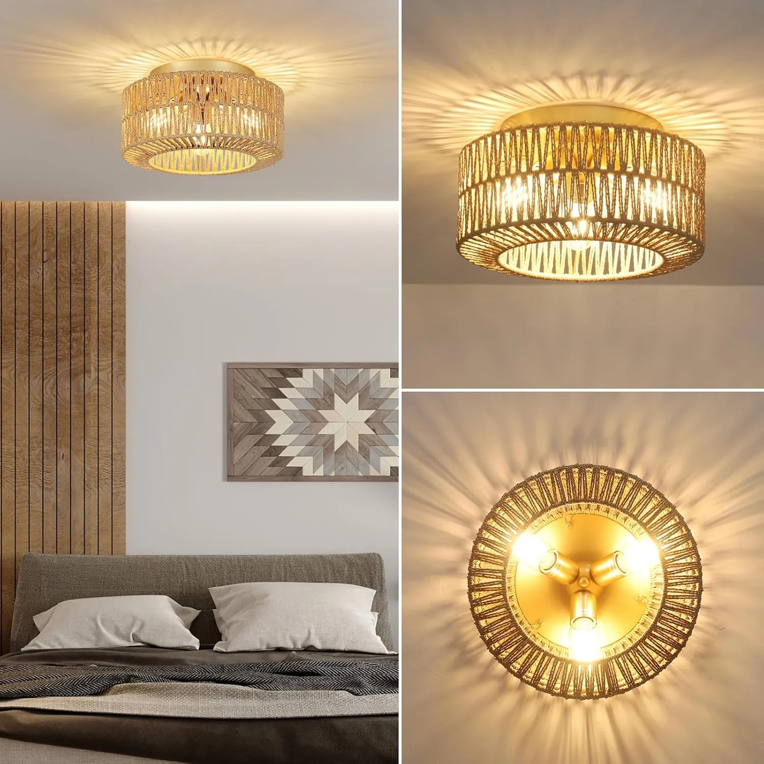Boho Light Fixtures, 3-Light Farmhouse Rattan Ceiling Light, Flush Mount with Hand-Woven Shade, Modern Chandelier for Living, Bedroom, Entryway, Kitchen, Nursery