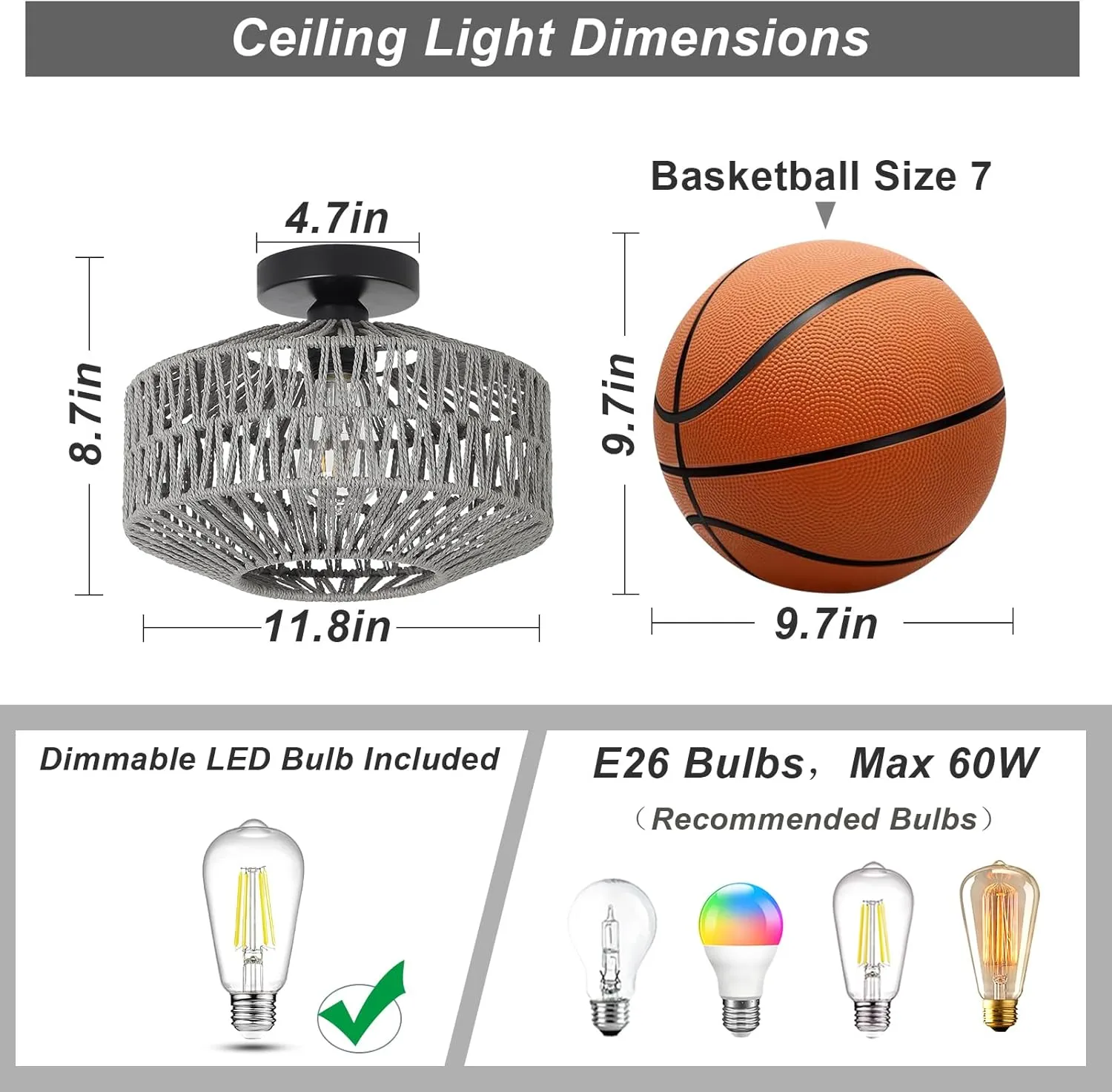 Boho Light Fixtures Ceiling Mount，Rattan Ceiling Light Fixture with Dimmable LED Bulb，Mini Hand Woven Chandelier Light Fixtures Ceilingfor Hallway Bedroom Kitchen Entryway Living Room（Grey）