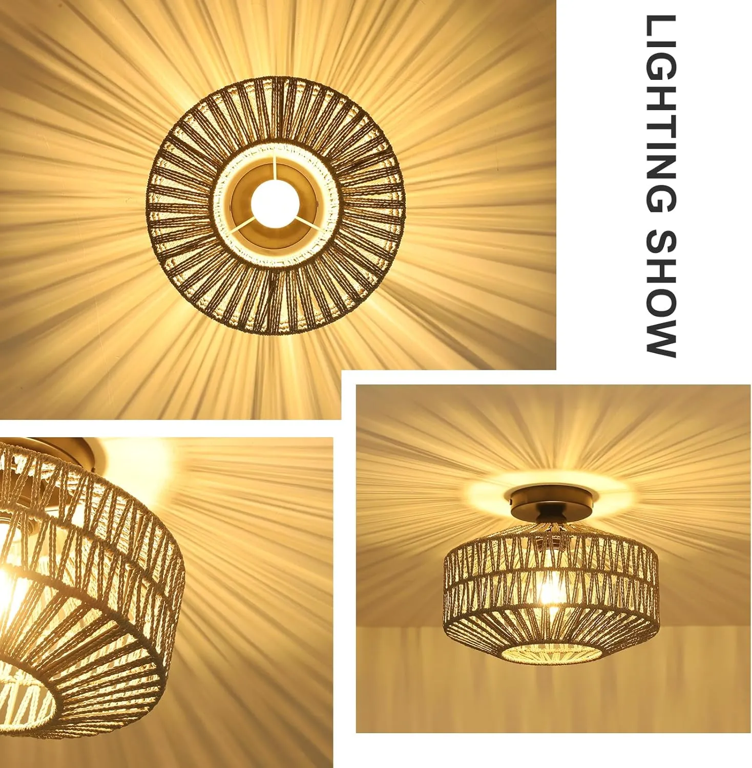 Boho Light Fixtures Ceiling Mount，Rattan Ceiling Light Fixture with Dimmable LED Bulb，Mini Hand Woven Chandelier Light Fixtures Ceilingfor Hallway Bedroom Kitchen Entryway Living Room（Grey）