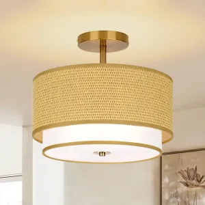 Boho Light Fixtures Woven Rattan-Style Flush Mount Ceiling Light, 12.6inch Closed to Ceiling Light Fixture with 2-Tier Drum Design for Bedrooms, Kitchen, Dining Room, Hallway