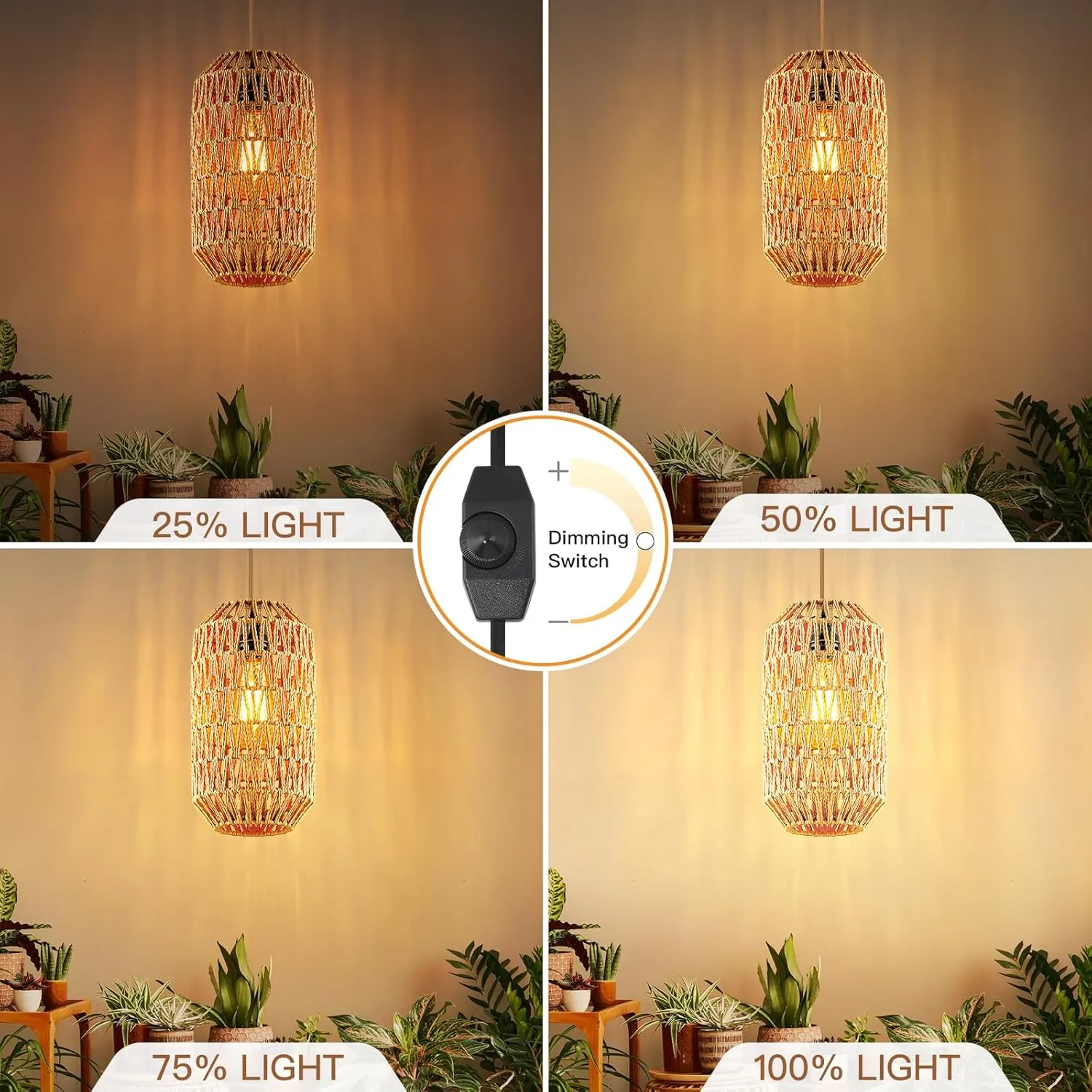 Boho Plug in Pendant Light Rattan Hanging Lights with 15FT Cotton Cord & Stepless Dimming Switch, Woven Wicker Basket Hanging Lamps for Bedroom Kitchen Island Living Room (Brown)