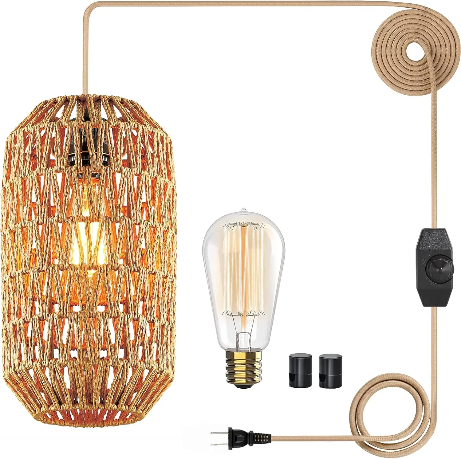Boho Plug in Pendant Light Rattan Hanging Lights with 15FT Cotton Cord & Stepless Dimming Switch, Woven Wicker Basket Hanging Lamps for Bedroom Kitchen Island Living Room (Brown)