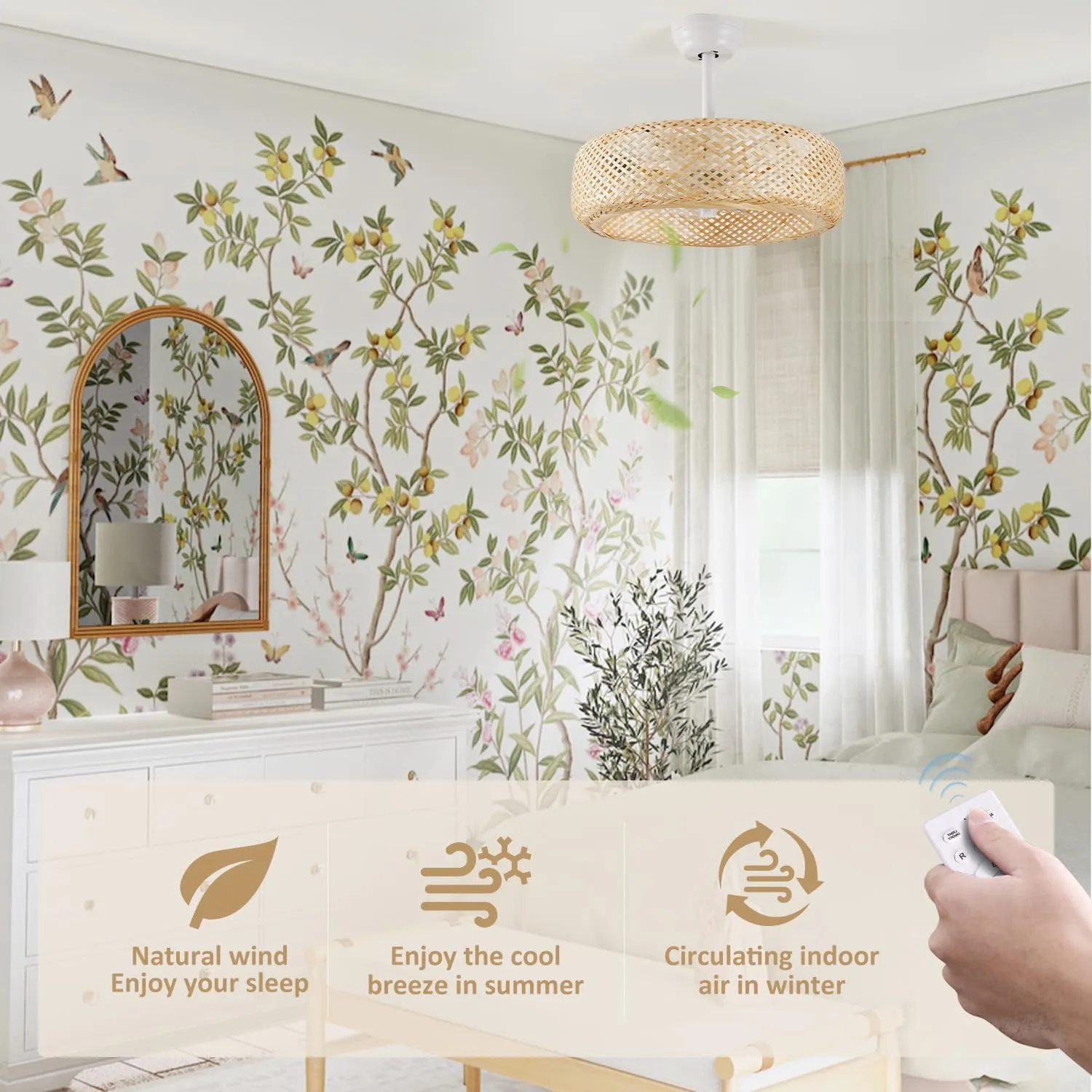 Boho Rattan Caged Ceiling Fans with Lights and Remote Low Profile, 20" Enclosed Fandelier Ceiling Fan with Light Flush Mount for Kitchen Bedroom Living Room
