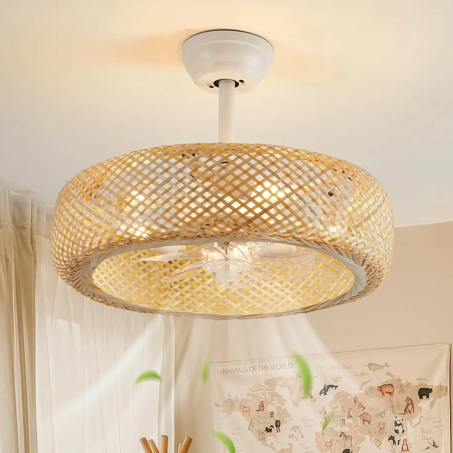 Boho Rattan Caged Ceiling Fans with Lights and Remote Low Profile, 20" Enclosed Fandelier Ceiling Fan with Light Flush Mount for Kitchen Bedroom Living Room