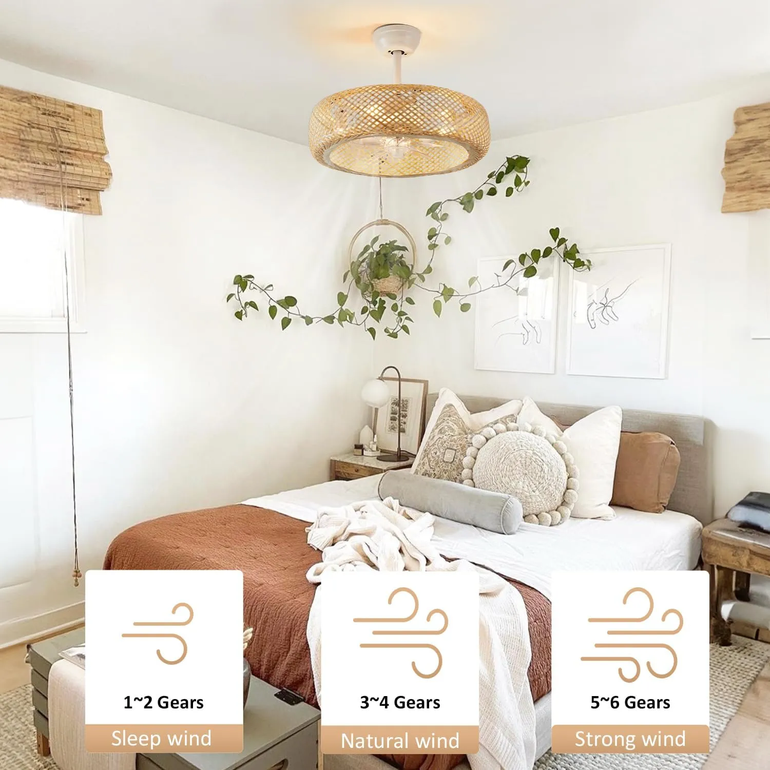 Boho Rattan Caged Ceiling Fans with Lights and Remote Low Profile, 20" Enclosed Fandelier Ceiling Fan with Light Flush Mount for Kitchen Bedroom Living Room