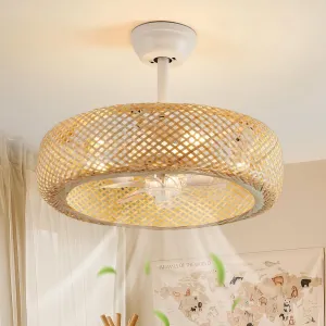 Boho Rattan Caged Ceiling Fans with Lights and Remote Low Profile, 20" Enclosed Fandelier Ceiling Fan with Light Flush Mount for Kitchen Bedroom Living Room