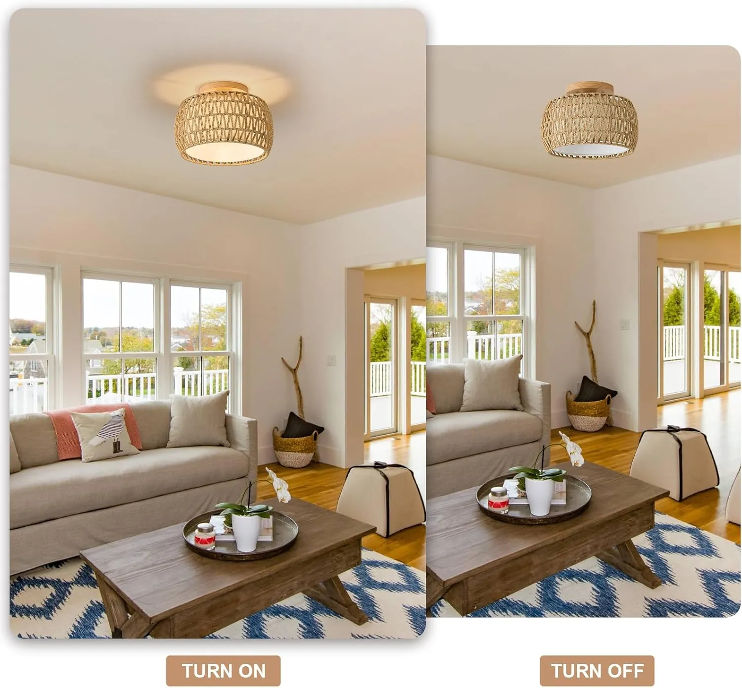 Boho Rattan Flush Mount Ceiling Lights 12 Inch Farmhouse Ceiling Light Fixtures Rustic Wicker Hand Woven Rope Cage for Dining Room Kitchen Bedroom Foyer Hallway Entryway