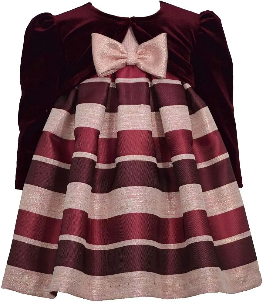 Bonnie Jean Girl's Holiday Christmas Dress with Cardigan - Burgundy Stripe Dress for Baby Toddler Little and Big Girls