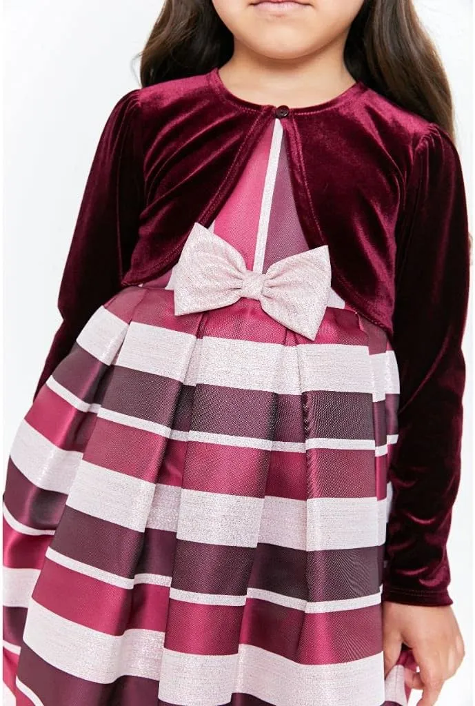 Bonnie Jean Girl's Holiday Christmas Dress with Cardigan - Burgundy Stripe Dress for Baby Toddler Little and Big Girls