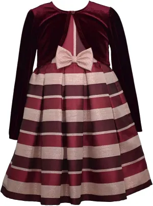 Bonnie Jean Girl's Holiday Christmas Dress with Cardigan - Burgundy Stripe Dress for Baby Toddler Little and Big Girls