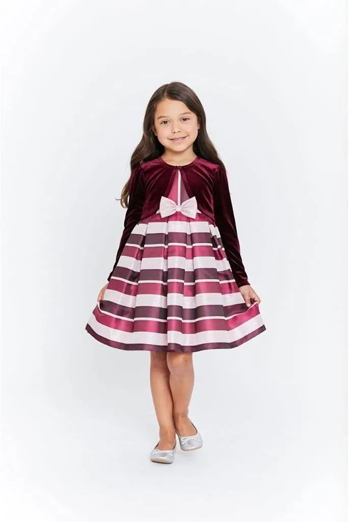 Bonnie Jean Girl's Holiday Christmas Dress with Cardigan - Burgundy Stripe Dress for Baby Toddler Little and Big Girls
