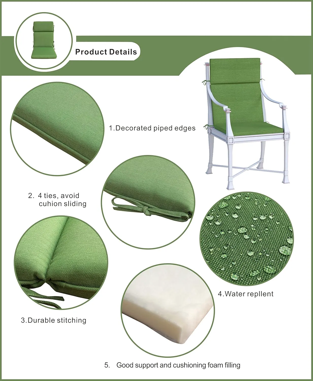 BOSSIMA Indoor Outdoor High Back Chair Cushions Replacement Patio Chair Seat Cushions Set of 2 (Olefin Light Grey)