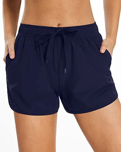 Breathable Quick-Dry Swim Shorts Side Pockets For Teen Girls-Navy Blue
