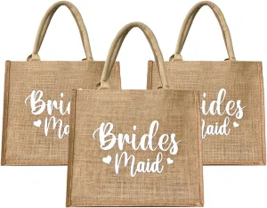 Bridesmaid Burlap Tote Bag 3 Pack, Large Jute Wedding Gift Bags, Bridal Shower Bachelorette Party Favors, Engagement Proposal Gifts, Reusable Shoulder Bags for Bridesmaids, 14 Inch Grocery Bag