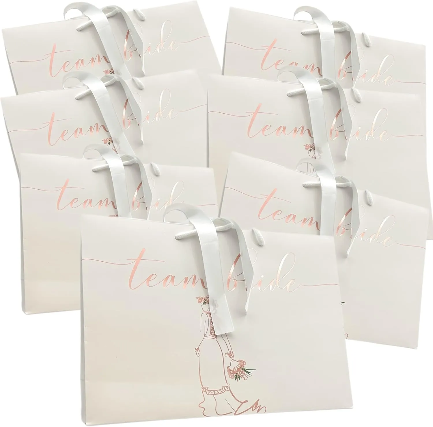 Bridesmaids Proposal Gift Bags, Euro Style With Handle & Satin Ribbon, Set Of 7. In Gold Foil For Bridal Party, Bachelorette Favors, I Do Crew Or Team Bride Tribe Gifts. (White & Rose Gold Foil, 7)