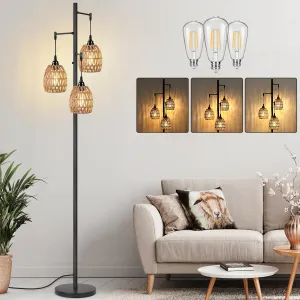 BrightHome Boho Rattan Floor Lamp, Standing Lamps for Living Room,Dimmable Floor Lamp with Cage Shade, Industrial Farmhouse Floor Lamps Rustic Floor Lamps Vintage Lamp for Living Room Bedroom Office