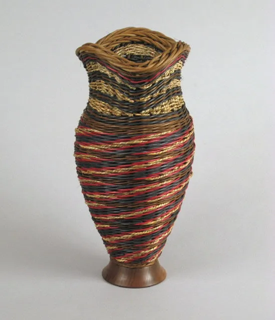 “Broken Spiral with Walnut Wood” Mixed Media Basket with Hand Turned Wood Base and Lip