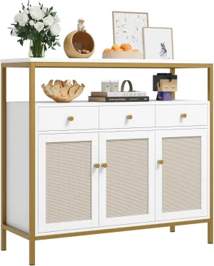 Buffet Cabinet with Storage,Rattan Kitchen Cabinet with Drawers, Sideboard Storage Cabinet with Adjustable Shelf for Kitchen Bar, Entryway