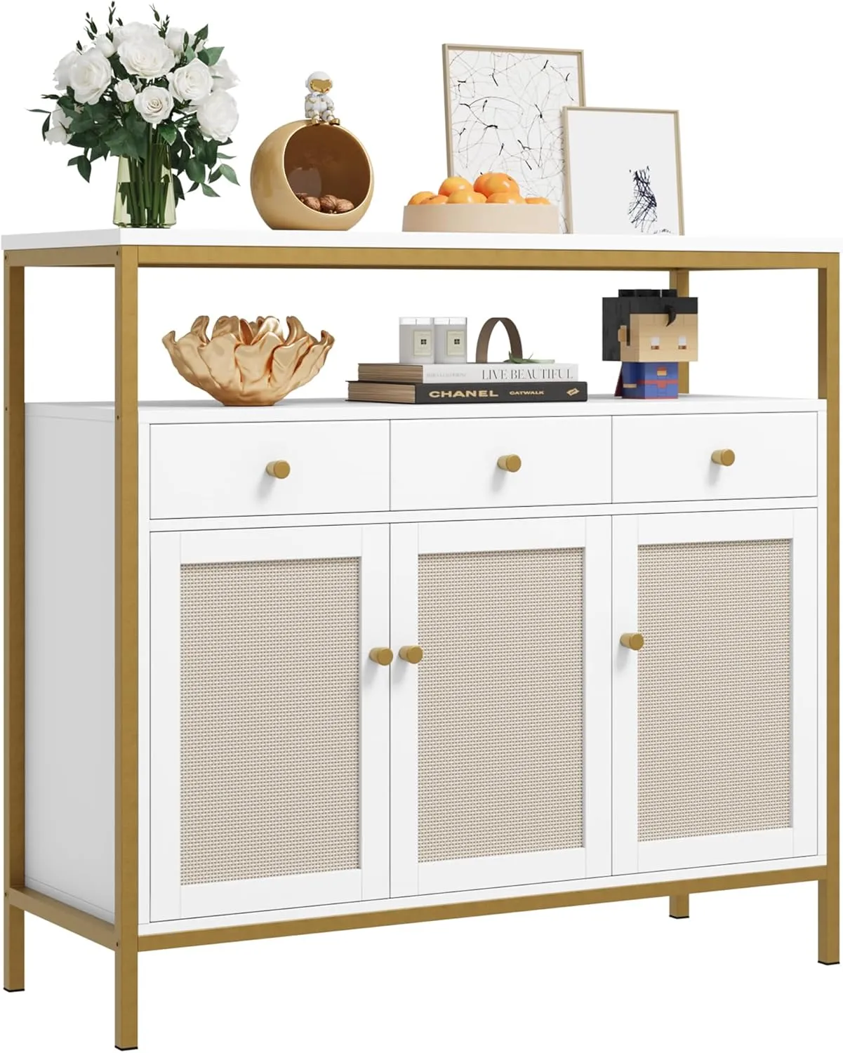 Buffet Cabinet with Storage,Rattan Kitchen Cabinet with Drawers, Sideboard Storage Cabinet with Adjustable Shelf for Kitchen Bar, Entryway